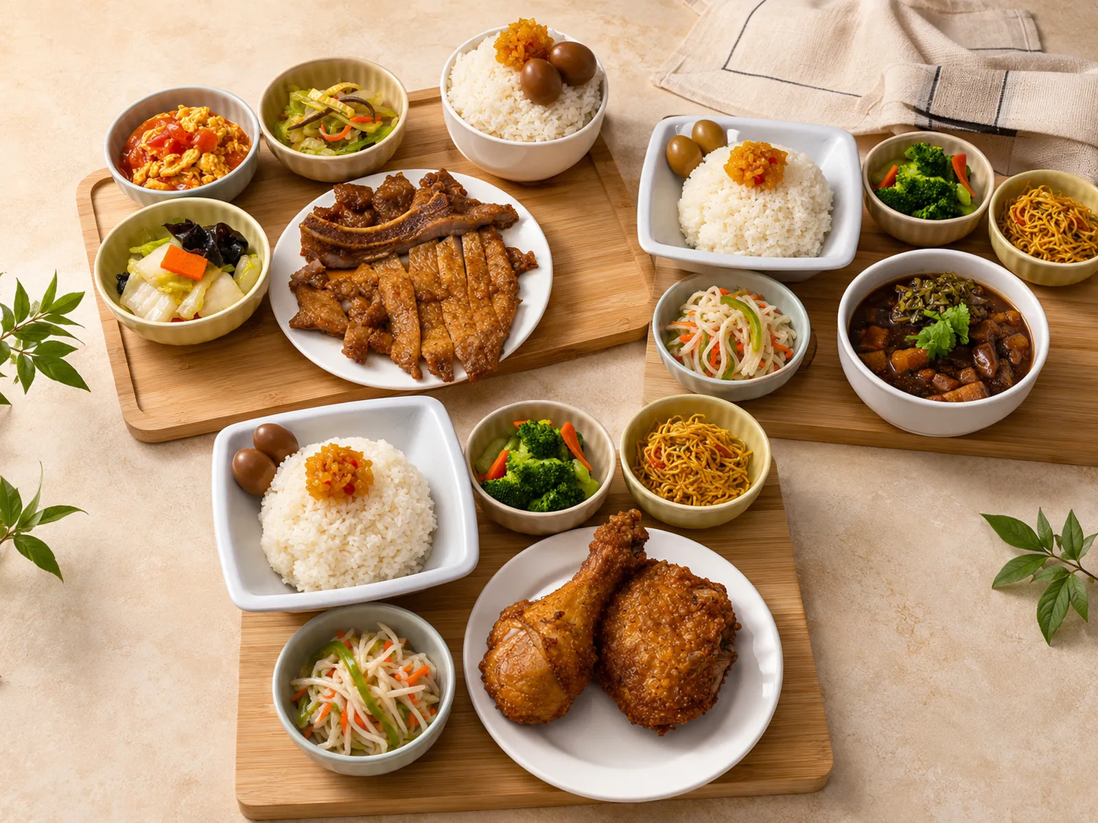 TTOP Chicken bento spread — fried chicken, pork chop, LOBA rice, sides